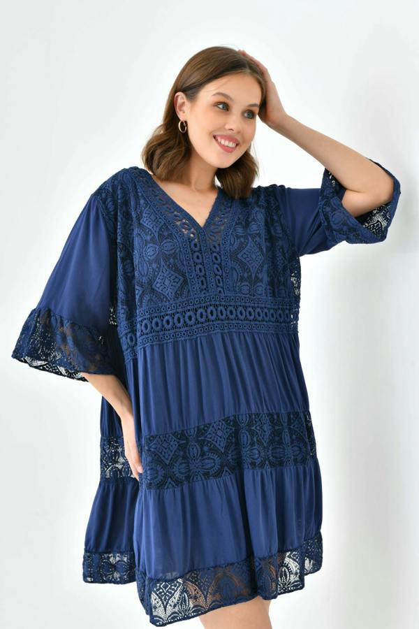 Hoxton Gal Oversized 3/4 Sleeves Lace Detailed V Neck Mini Dress in Navy