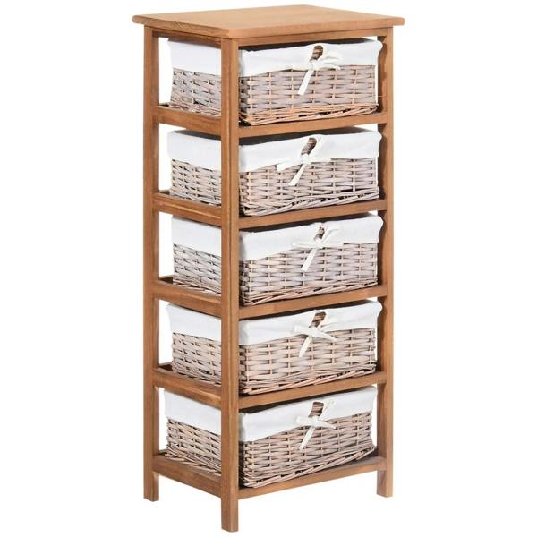 5-tier wicker storage cabinet with wooden frame and five woven basket drawers
