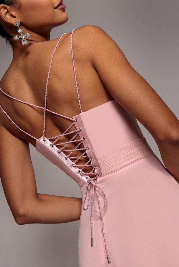 Chiffon Cowl Twisted Rope Strap Lace-up Flared Maxi Dress - Blush Pink DR4937