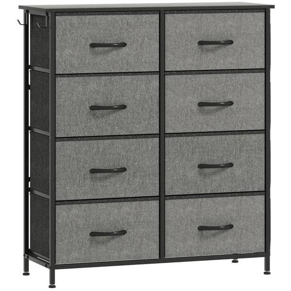 Charcoal grey fabric drawer chest with eight drawers and black metal frame