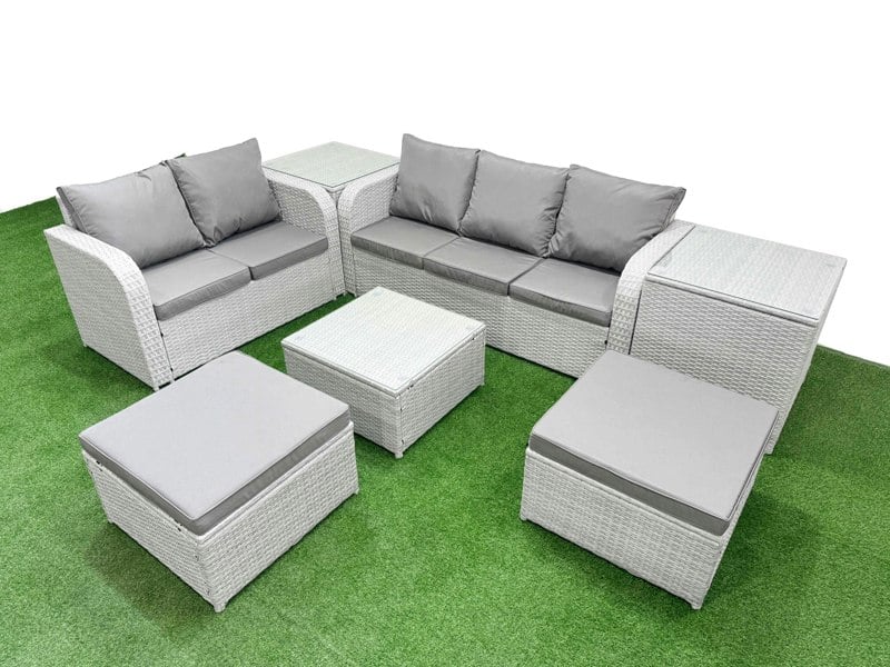 Fimous 7 Seater PE Rattan Garden Furniture Patio Conservatory Sofa Set with Square Coffee Table 3 Seater Sofa Love Sofa 2 Big Footstool 2 Side Table