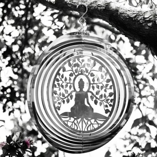 EDH Door Hardware Buddha Wind Spinner - Stainless Steel Hanging Garden Décor, Zen Outdoor Metal Art, Spiritual Yard Ornament, Kinetic Spinner
