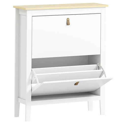 Wyld Haus Rimi Wooden White and Natural 2 Drawer Shoe Cabinet Faux Leather Handles