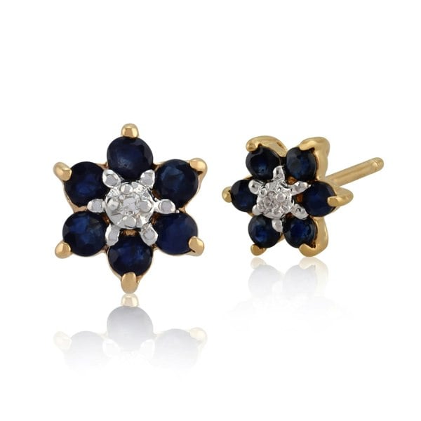 Floral Round Sapphire & Diamond Cluster Stud Earrings in 9ct Yellow Gold