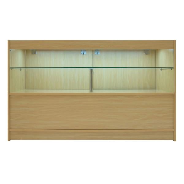 Maple Selene LED shop counter set with glass shelves, illuminated interior, and sleek modern design, ideal for retail displays