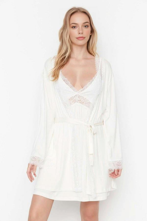 WOVCOR Viscose Knit Dressing Gown with Belt and Lace Detail