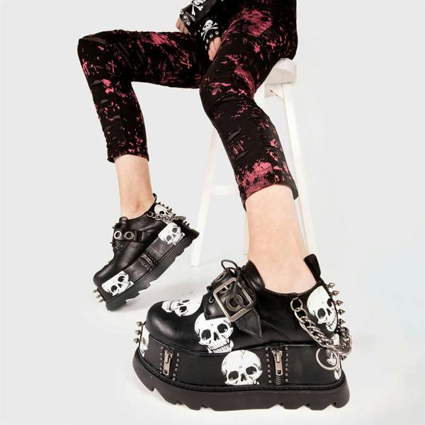 Lamoda Maniac Black PU Skull Chunky Platform Wedge Shoes Gothic Punk