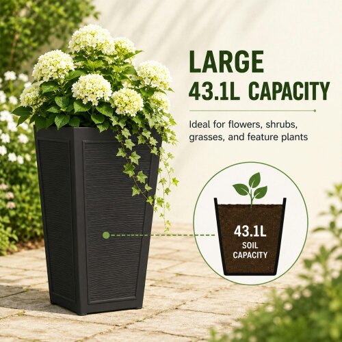Nicoman Avondale Black Plaster Wood Recycled Rubber Tall Planter Pot