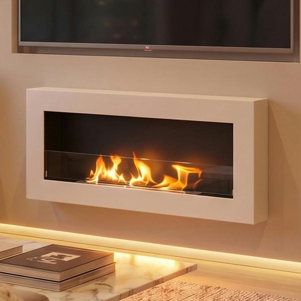 BIOFireplacesGMT Bioethanol Fireplace Wall Mounted 900x400 White Matt with Glass Ventless