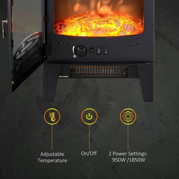 Black electric fireplace control panel and heating vent behind open front door
