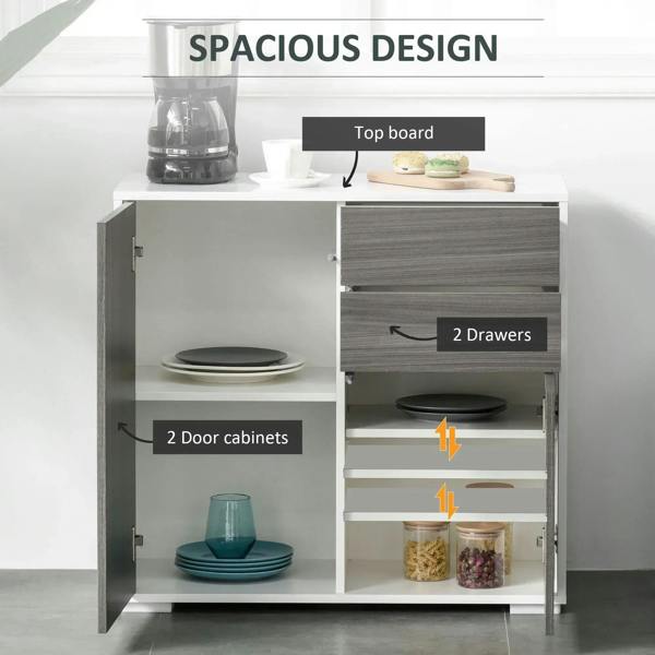 Grey sideboard cabinet with open interior: 2 drawers and 2 door compartments