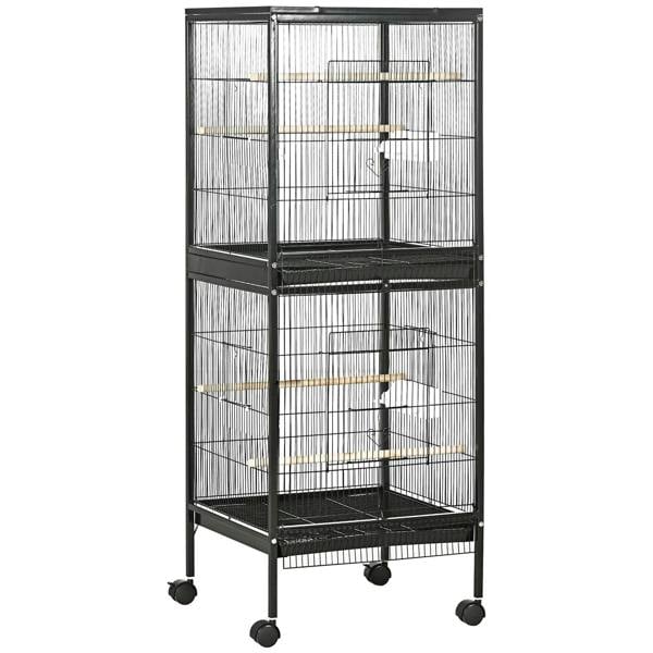 Black double-decker bird cage on wheels with multiple doors and interior perches