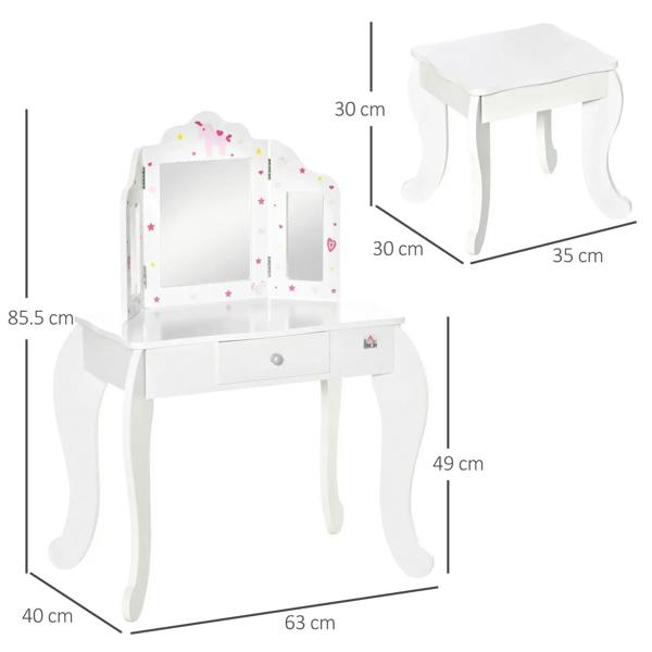 White kids vanity table with tri-fold mirror and drawer, with matching stool