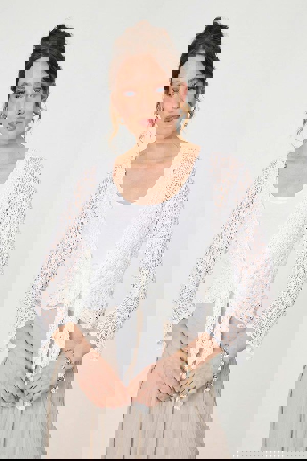 White | Crochet Open Knit Waterfall Cardigan
