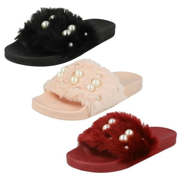 Spot On Ladies Spot On Pearl Trim Faux Fur Slider Style Sandals