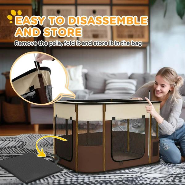Brown foldable dog playpen with removable poles, mesh sides, and collapsible frame