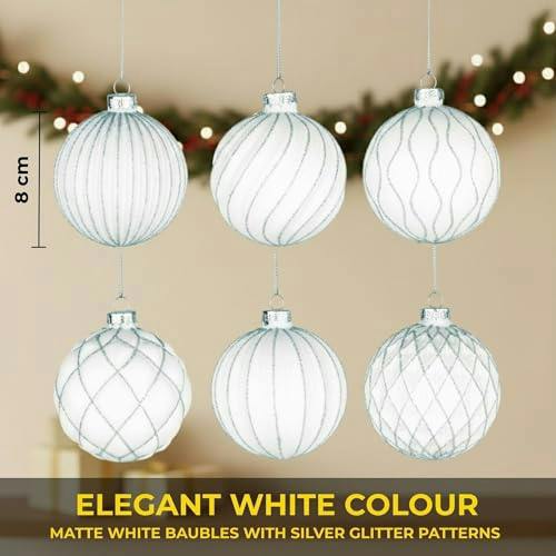 8cm White Glass Christmas Baubles 12 Pack with 6 Festive Designs image 6