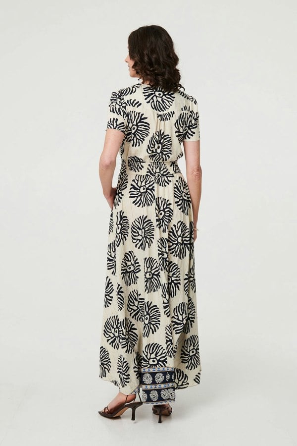 Navy | Printed Short Sleeve Shirred Maxi Dress
