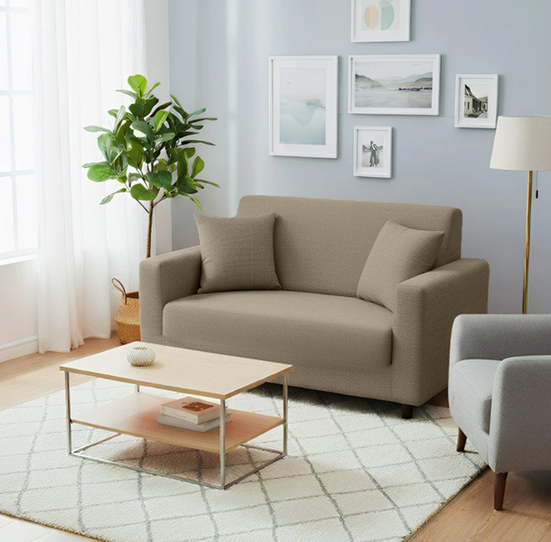Anyseat 2 Seater Sofa Cover Plain Beige Style and Protection For Living Room Sofa Chair Elastic Stretchable Slipcover