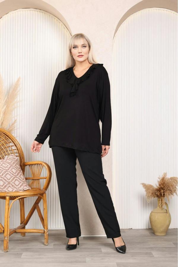 Hoxton Gal Relaxed Fit Long Sleeve Elegant Blouse with Ruffle Neckline