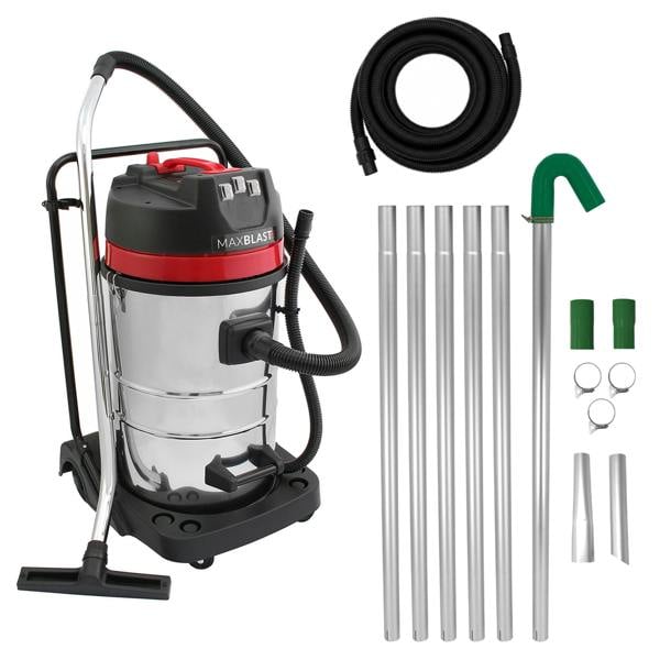 80L wet and dry vacuum with shiny stainless steel body, red accents, flexible black hose, and aluminum gutter vacuum poles