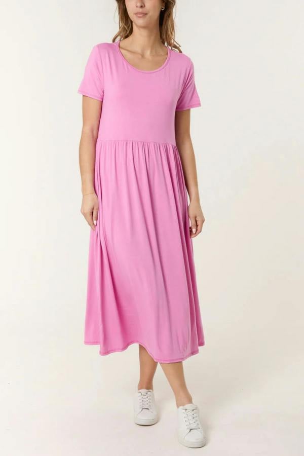 Hoxton Gal Oversized Round Neck Stretch Tiered Midi Dress in Pink