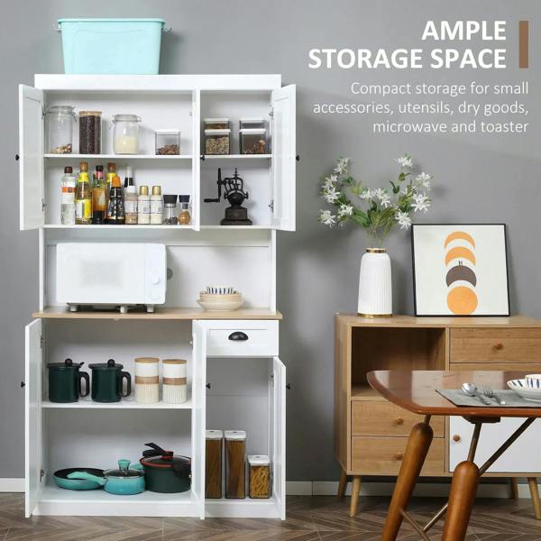 White freestanding kitchen cabinet with doors open, revealing shelves and storage compartments