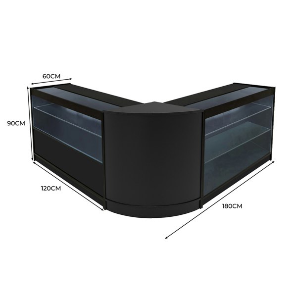 Hera LED Shop Counter Set in black features a sleek, modern design with glass shelves, measuring 120cm x 90cm x 60cm, ideal for retail displays