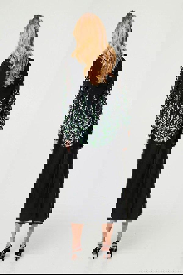 Black | Floral Long Sleeve Semi Sheer Blouse
