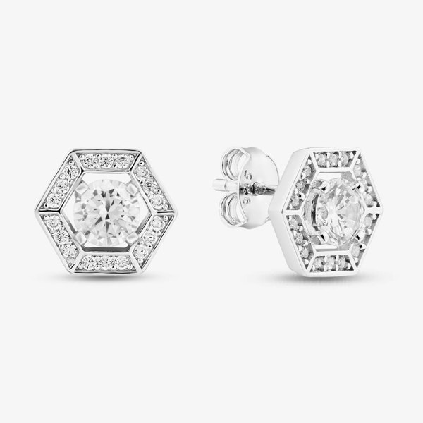 T. H. Baker Sterling Silver Rhodium Plated White Cubic Zirconia Hexagon Stud Earrings 8.57.0021