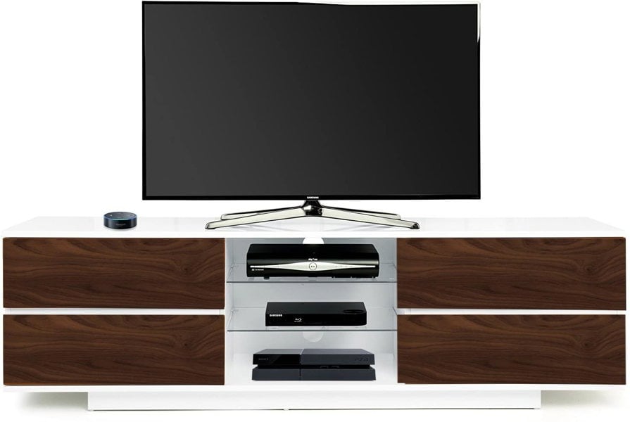 Centurion Supports Avitus Gloss White TV Stand  with 4 Walnut Drawers and 2 Glass Shelves TV up to 65" Cabinet