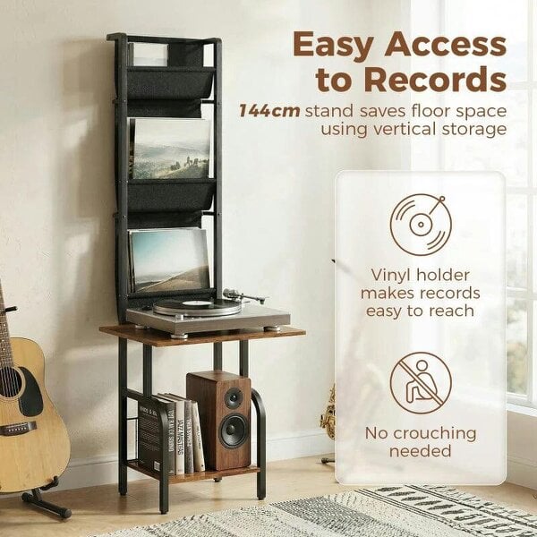Bobobiy Vinyl Record Player Stand Record Storage with Player Stand Oxford Fabric Pockets Bottom Shelf Rustic Brown and Black