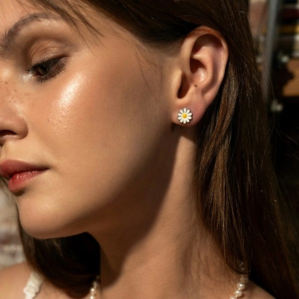 Spero London Enamel Daisy Stud Sterling Silver Earrings