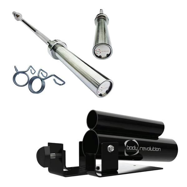 Body Revolution 4ft barbell bar and T-bar row bundle featuring a sleek silver finish, sturdy construction, and essential attachments for versatile workouts