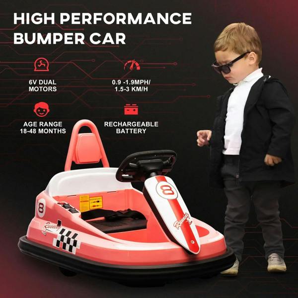 Pink electric kids bumper car with raised handle, black seat, and thick bumper base