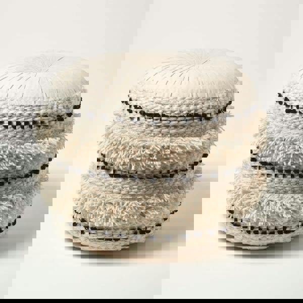 HOMESCAPES Sahara Cream & Black Macrame Tufted Boho Pouffe - 50 cm Tall