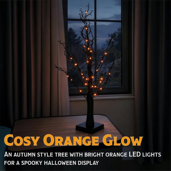 Scotts of Stow Fxlab 10x10x60cm 40L Orange LED Halloween Black Glitter Tree Indoor Battery Decoration with  Timer