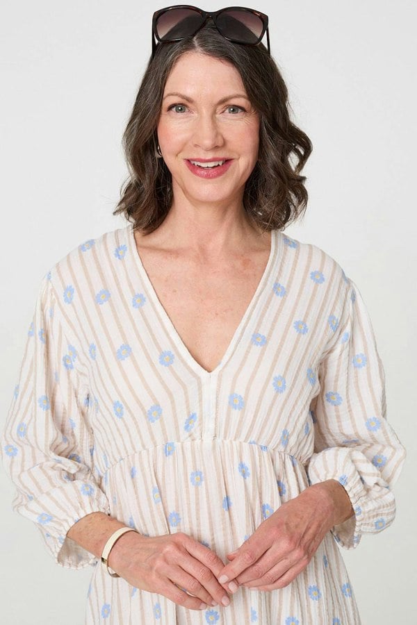 Beige | Striped Long Sleeve Empire Maxi Dress
