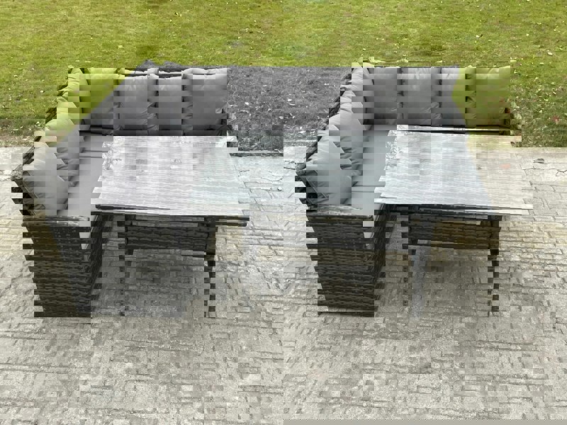 Fimous Outdoor Rattan Garden Furniture Corner Sofa Set with Rectangular Dining Table Patio Wicker Rattan Set Dark Grey Mixed