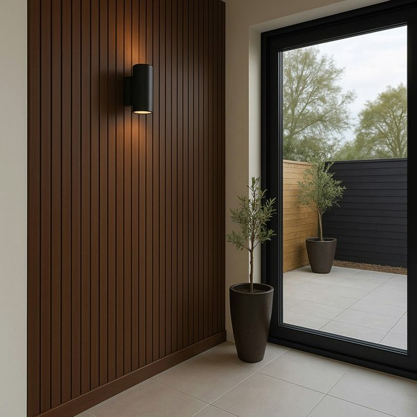 WPC slatted wall cladding panels in rich brown, showcasing vertical grooves, enhancing modern interior design with a warm texture