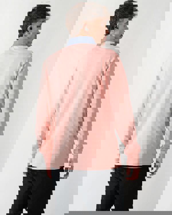 back shot of a model wearing a GANT Mens Regular Fit Chambray Heavy Rugger in Bubblegum Pink