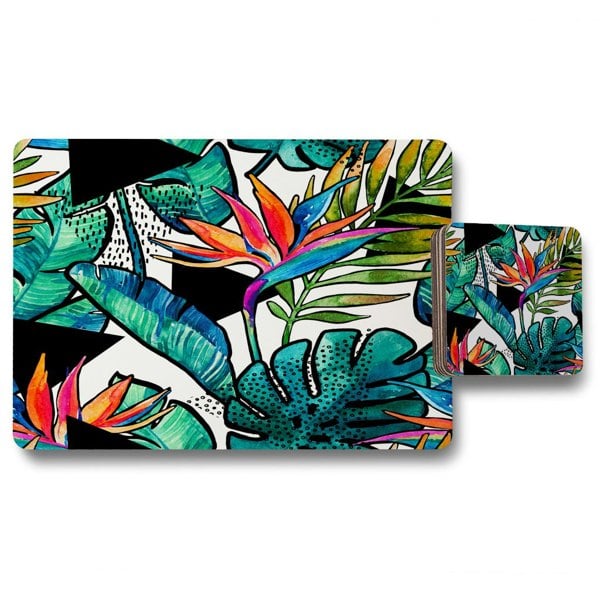 Benjamin Tate Design tropical leaves and flowers with contour (Placemat & Coaster Set)