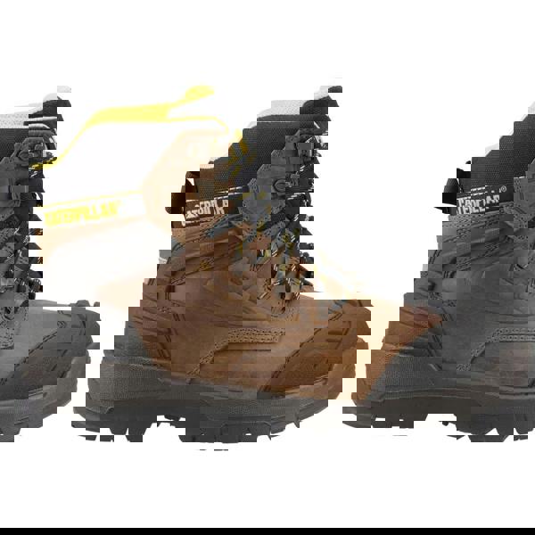 Caterpillar Striver XL 6" Mens Waterproof S7 Lace Up Safety Ankle Boots, brown leather work boots with black and yellow accents, rugged sole, and reinforced toe for durability and protection.