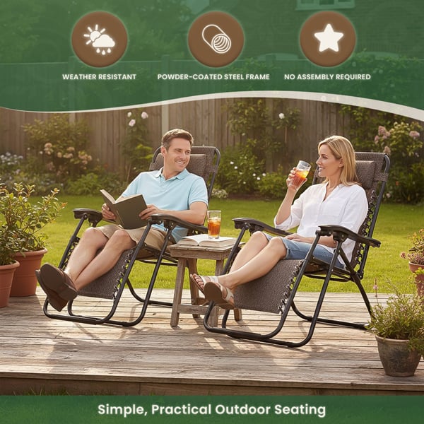 Padded Garden Anti Gravity Recliner Chairs Brown (Set of 2)