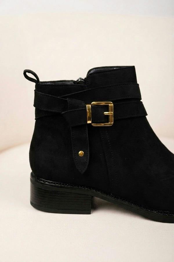 Pearl Faux Suede Wrap Strap Ankle Boots - Black