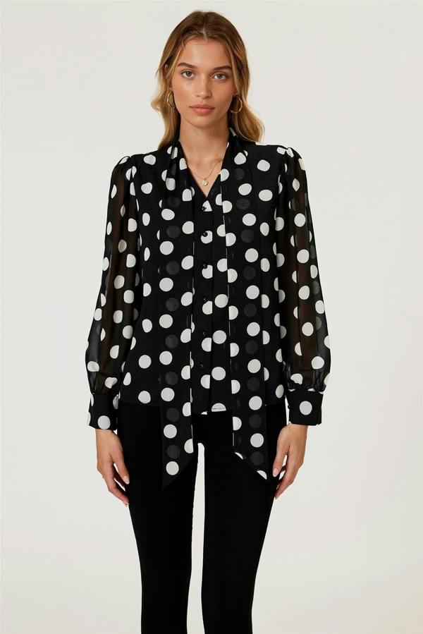 FS Collection Dot Print Tie Detail long sleeve Blouse Top In Black