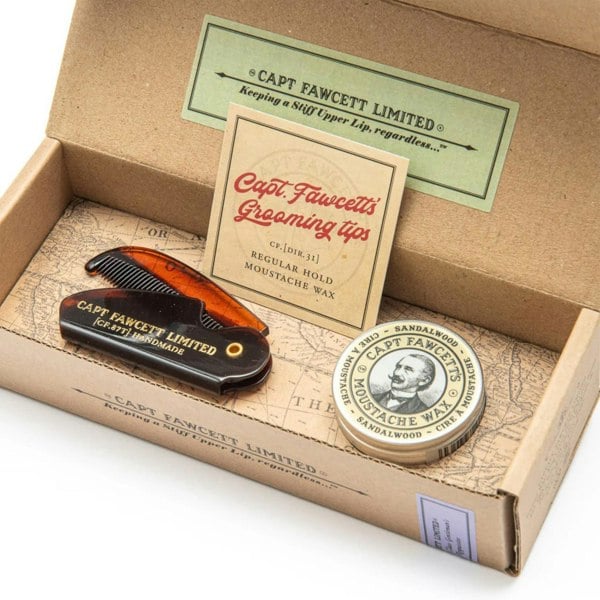 Captain Fawcett Sandalwood Moustache Wax + Flip Moustache Comb