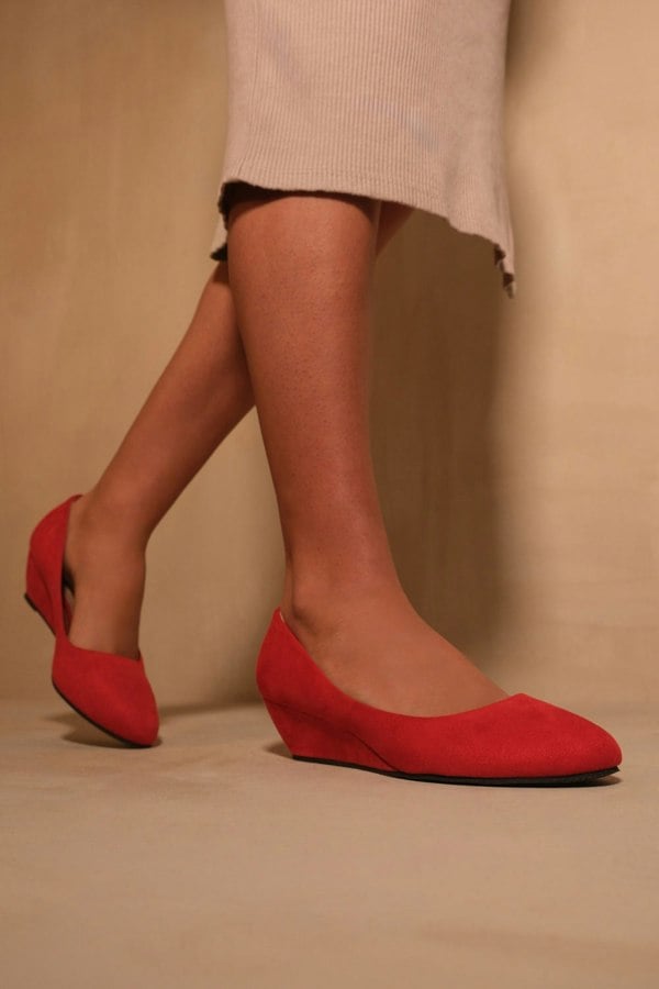 Where's That From Kieran Platform Low Wedge Mid Heel Court Shoes in Rouge Red Suede