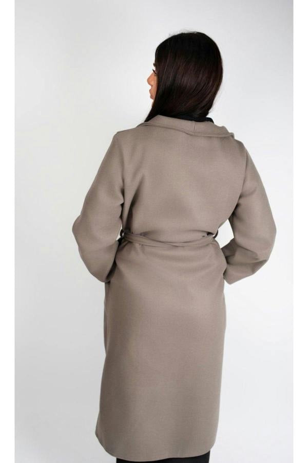 Marelle Belted Longline Coat With Button Detail - Mocha