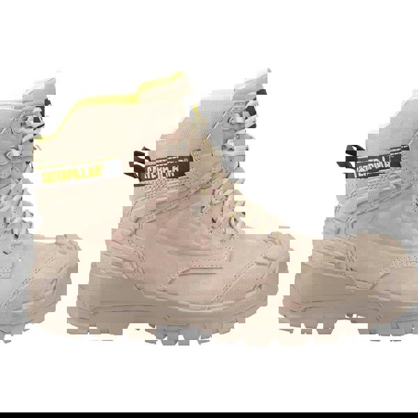Caterpillar Striver XL 6" Mens Waterproof S7 Lace Up Safety Ankle Boots, beige waterproof safety boots with reinforced toe, cushioned midsoles, and durable rubber outsole.